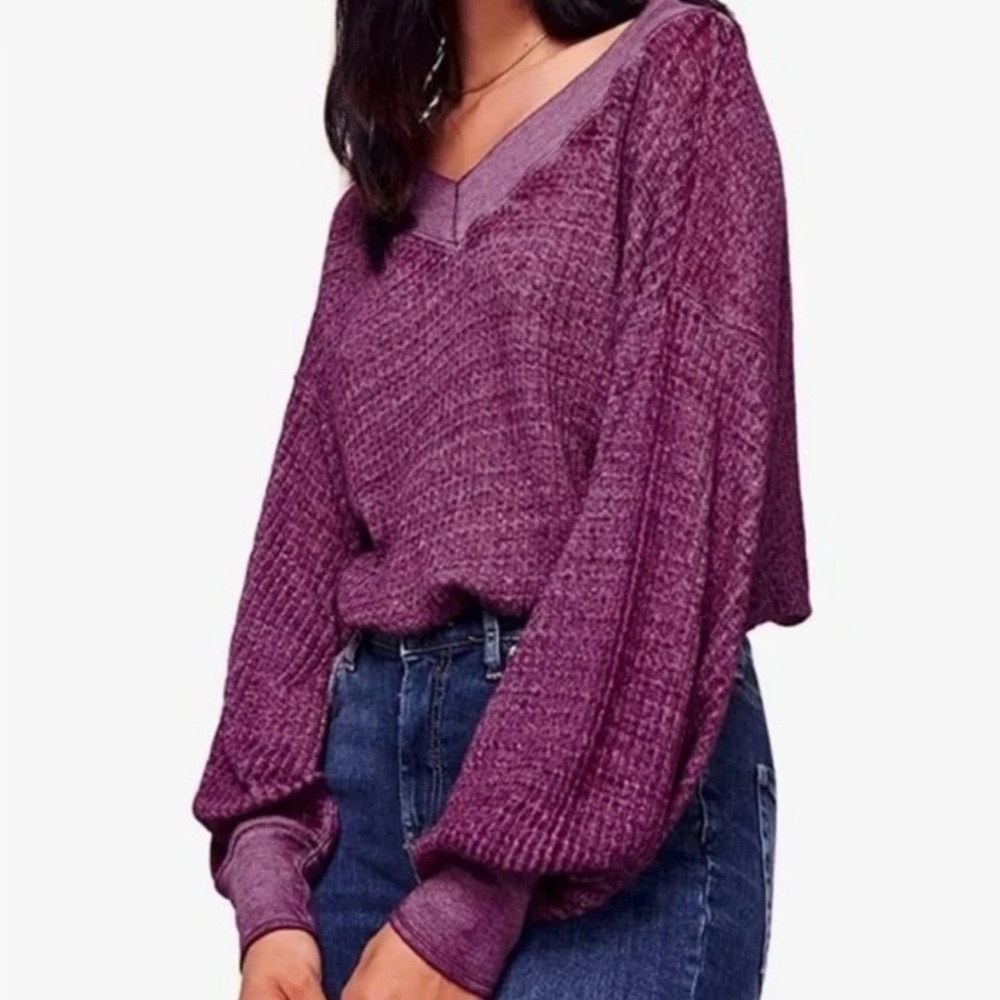 Free People We The Free South Side Thermal Top L Violet Relaxed Lightweight FLAW - Picture 1 of 13